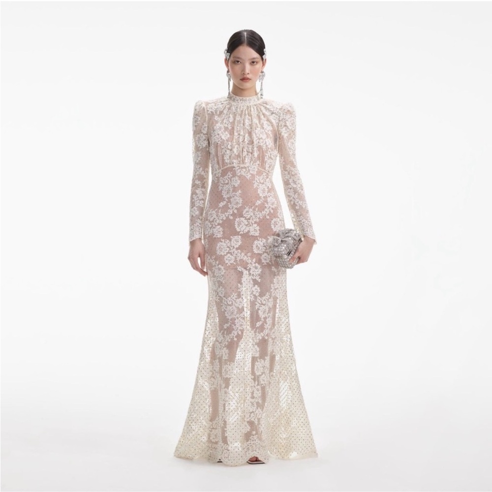 NWT Self-Portrait Rhinestone Lace Maxi Dress Cream Floral Lace Long Sleeve Dress